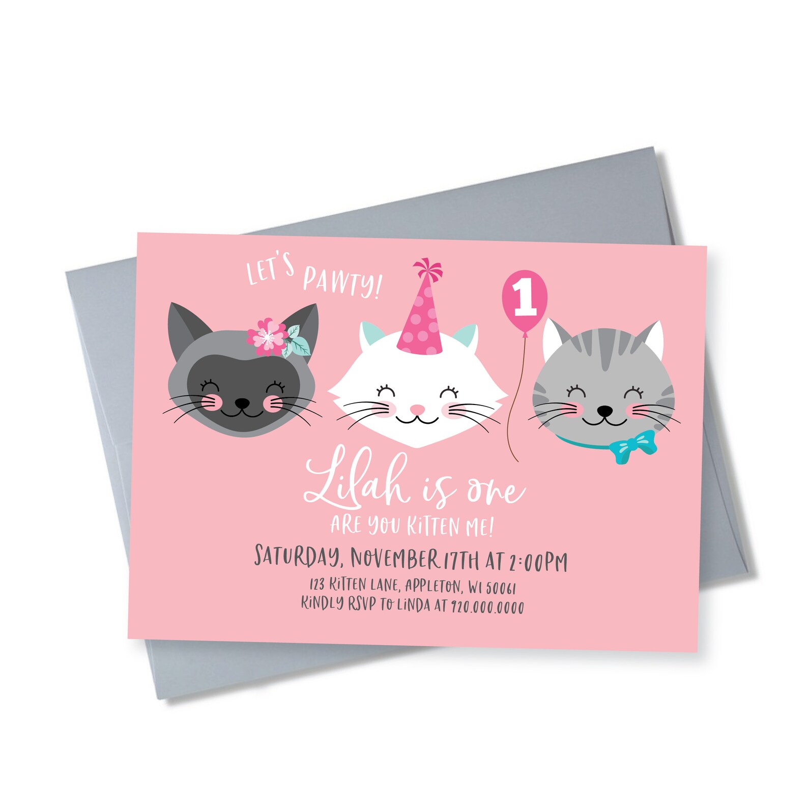 Cat Birthday Party Invitation Girls Kitten Cat Birthday - Etsy