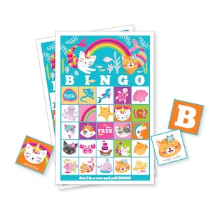 Caticorn, Mer-Cat Bingo Game, 24 cartes de bingo différentes, Mermaid Party Game, Girl's Printable Bingo Game, Game for Kids, Instant Download