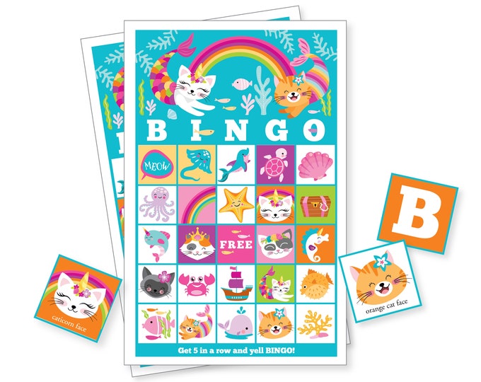 Caticorn, Mer-Cat Bingo Game, 24 different bingo cards, Mermaid Party Game, Girl's Printable Bingo Game, Game for Kids, Instant Download