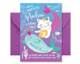 May include: A birthday invitation featuring a white cat mermaid holding a seashell with the number 3 on it. The cat mermaid is swimming with a narwhal. The invitation says "Join us under the sea Madison is turning three!" and includes the date and time of the party.