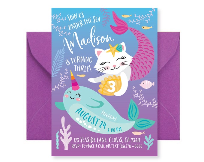 Mer-Cat, Narwhal Birthday Invitation, Cat, Mermaid, Narwhal Invite, Pool Party, WE EDIT, You PRINT, Custom Text, Printable Digital File