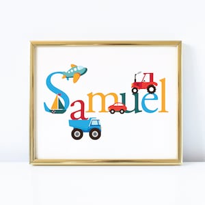 Boy's Name Art, kinderkamer kunst aan de muur, auto's, vliegtuigen, tractoren en vrachtwagens, kunst aan de muur voor jongenskamer, afdrukbare, digitale bestanden