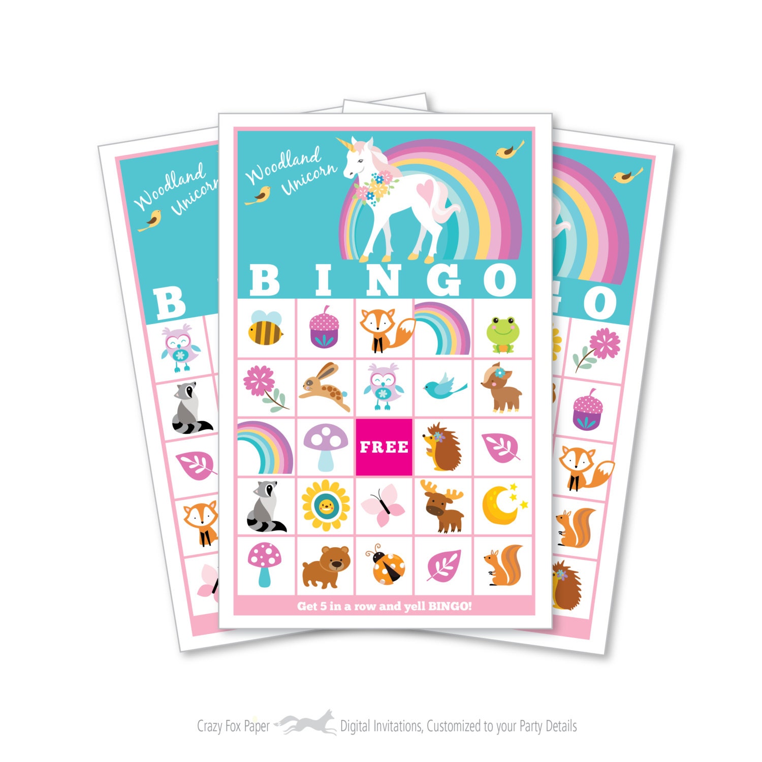 woodland unicorn bingo game kids printable bingo game etsy