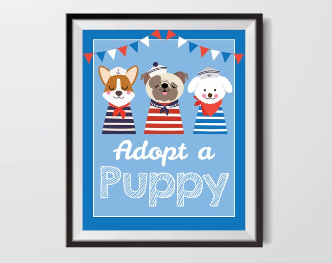 Adopt a Puppy / Certificate / Adoption Sign / Sailor Dog Birthday Party / Digital Adoption Kit / Cute Sailor Nautical Dog / Instant Download