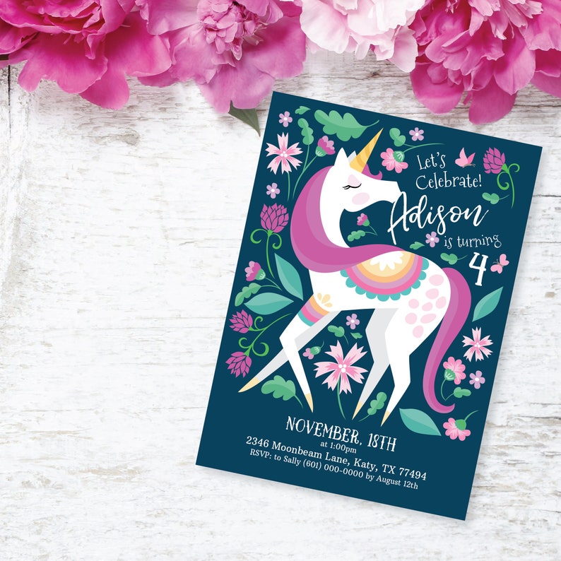 Unicorn Invitation, Girl's Unicorn Party, Floral Unicorn Invite, WE EDIT, You PRINT, Custom Text, Printable Digital File image 7