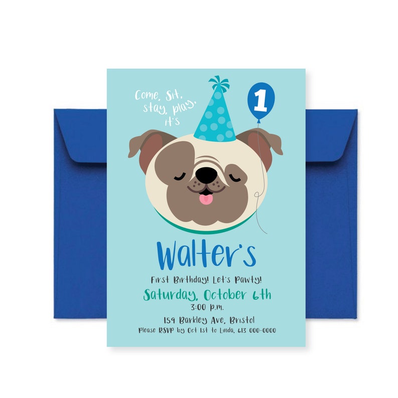 Pug Birthday Party Invitation Boys Pug Birthday Printable Etsy