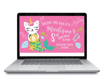 Encabezado de evento de Facebook de Caticorn, cumpleaños de fiesta en la piscina, página de encabezado de Facebook personalizada, EDITAMOS, usted carga, texto personalizado, archivo digital