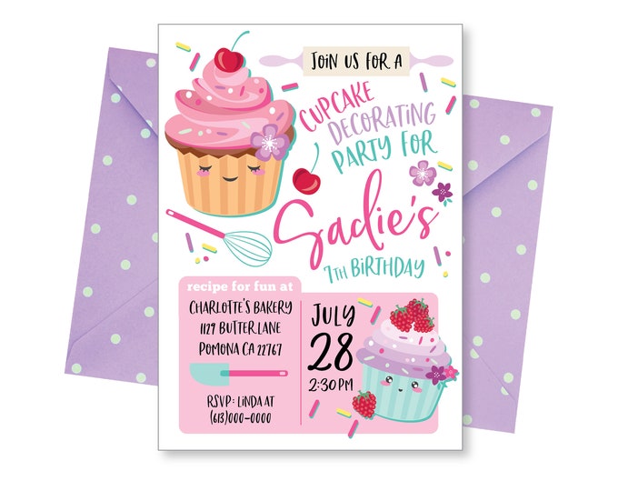 Cupcake Invitation, Baking Invite, Girls Cooking Party, WE EDIT, You PRINT, Custom Text, Printable Digital File