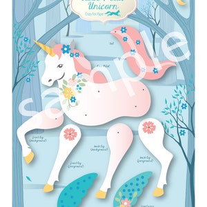 May include: A printable paper craft of a unicorn with a pink body, blue wings, and a white head. The unicorn is surrounded by flowers and leaves. The title "Rose Petal Unicorn" is at the top of the page.