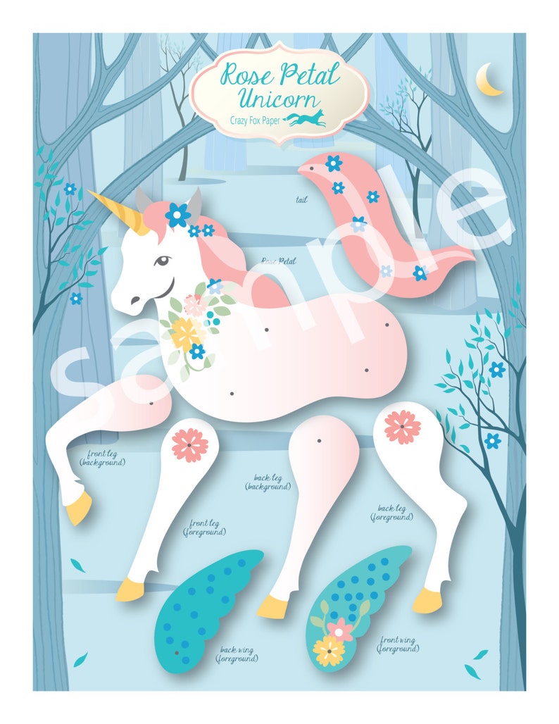 May include: A printable paper craft of a unicorn with a pink body, blue wings, and a white head. The unicorn is surrounded by flowers and leaves. The title "Rose Petal Unicorn" is at the top of the page.