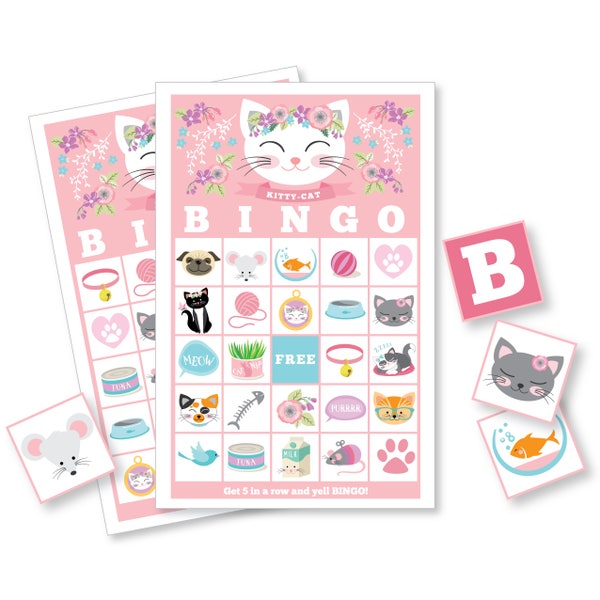 Kat, Kitten BINGOspel, 30 verschillende bingokaarten, Cat Party Game, Pink Girl's Printable Bingo Game - Instant Download