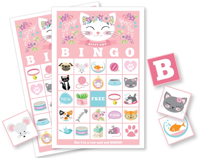 Cat, Kitten BINGO Game, 30 different bingo cards, Cat Party Game, Pink Girl's Printable Bingo Game  - Instant Download