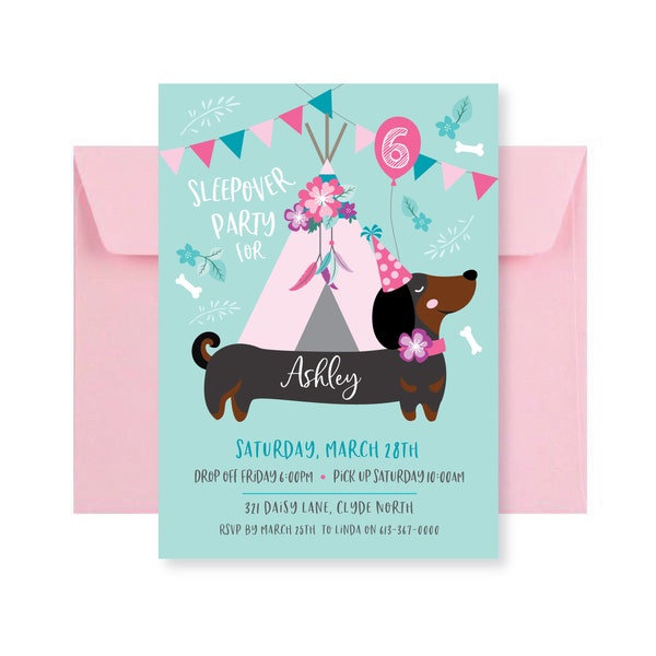 Dachshund Sleepover Birthday Party Invitation, Dog Tepee Sleepover Invite - Girls Puppy Party, Printable Digital File, Weenier Dog Invite