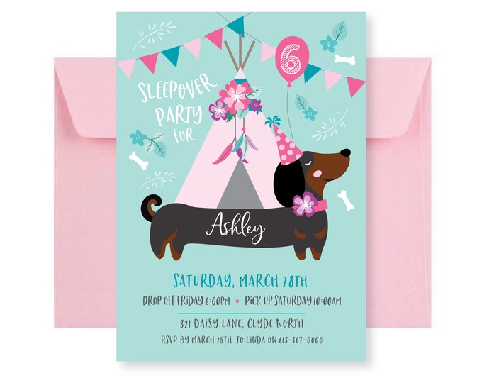 Dachshund Sleepover Birthday Party Invitation, Dog Tepee Sleepover Invite - Girls Puppy Party, Printable Digital File, Weenier Dog Invite