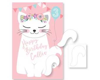 Pin the Tail on the Cat Party Game, Kitty Birthday, Girls Pink DIY Party Game, printable digital files only