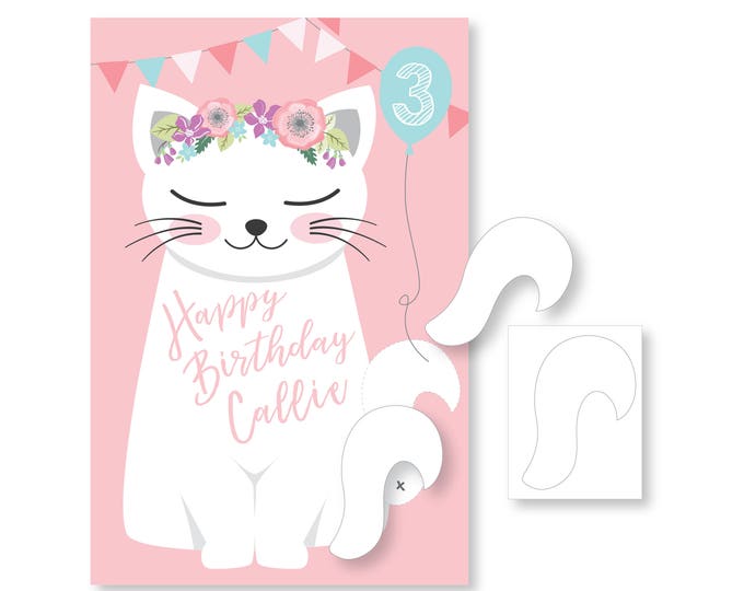 Pin the Tail on the Cat Party Game, Kitty Birthday, Girls Pink DIY Party Game, printable digital files only