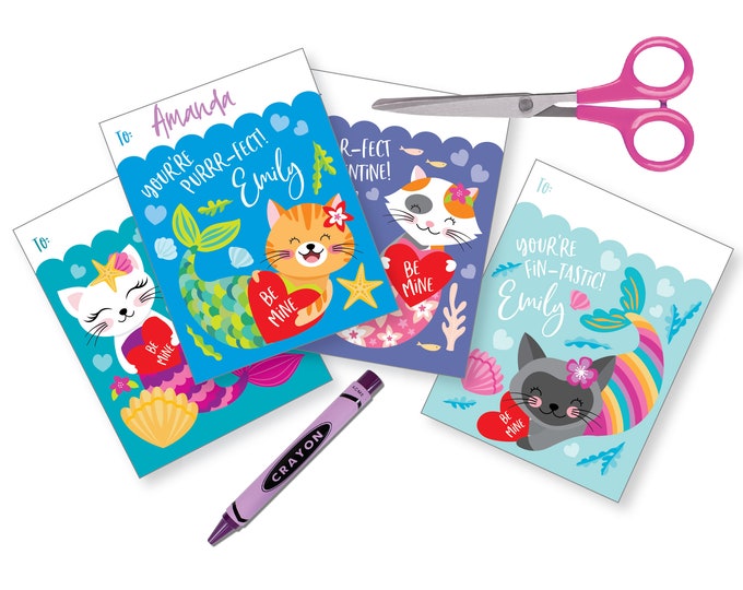 Caticorn Valentines Day Cards printable DIY card classroom, Valentine printable custom text, print for kids classroom, Valentine's Mer-cat