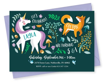 Unicorn & Fox Double Birthday Party Invitation, Enchanted Forest Invite, WE EDIT, You PRINT, Custom Text, Printable Digital File