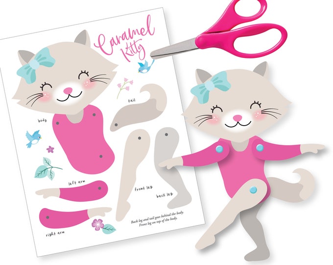3 Articulated Paper Cat Dolls, Instant DIY Download - Ballet, Gymnastic Party - Cat Crafts - Cat Ballet Party