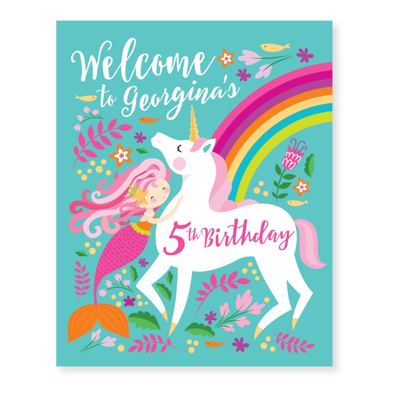 Mermaid Unicorn Welcome Sign, Under the Sea, Girl's Birthday Party Sign, Poster, Printable Digital Files image 2