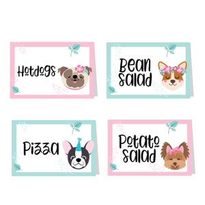 Cartes ou étiquettes de tente de chien - Cartes de lieu de bricolage imprimables personnalisées - Étiquettes de nourriture pour chien, Cartes de tente de fête de chiot - Étiquettes de nom
