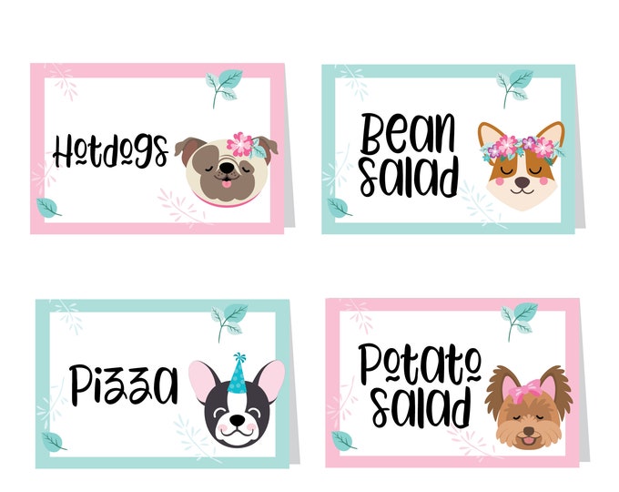 Dog Tent Cards or Labels - Customized Printable DIY Place Cards - Dog Food Tags, Puppy Party Tent Cards - Name Labels