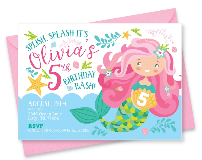 Mermaid Invitation, Girl's Mermaid Party,  Pool Invite, Pink Mermaid, WE EDIT, You PRINT, Custom Text, Printable Digital File