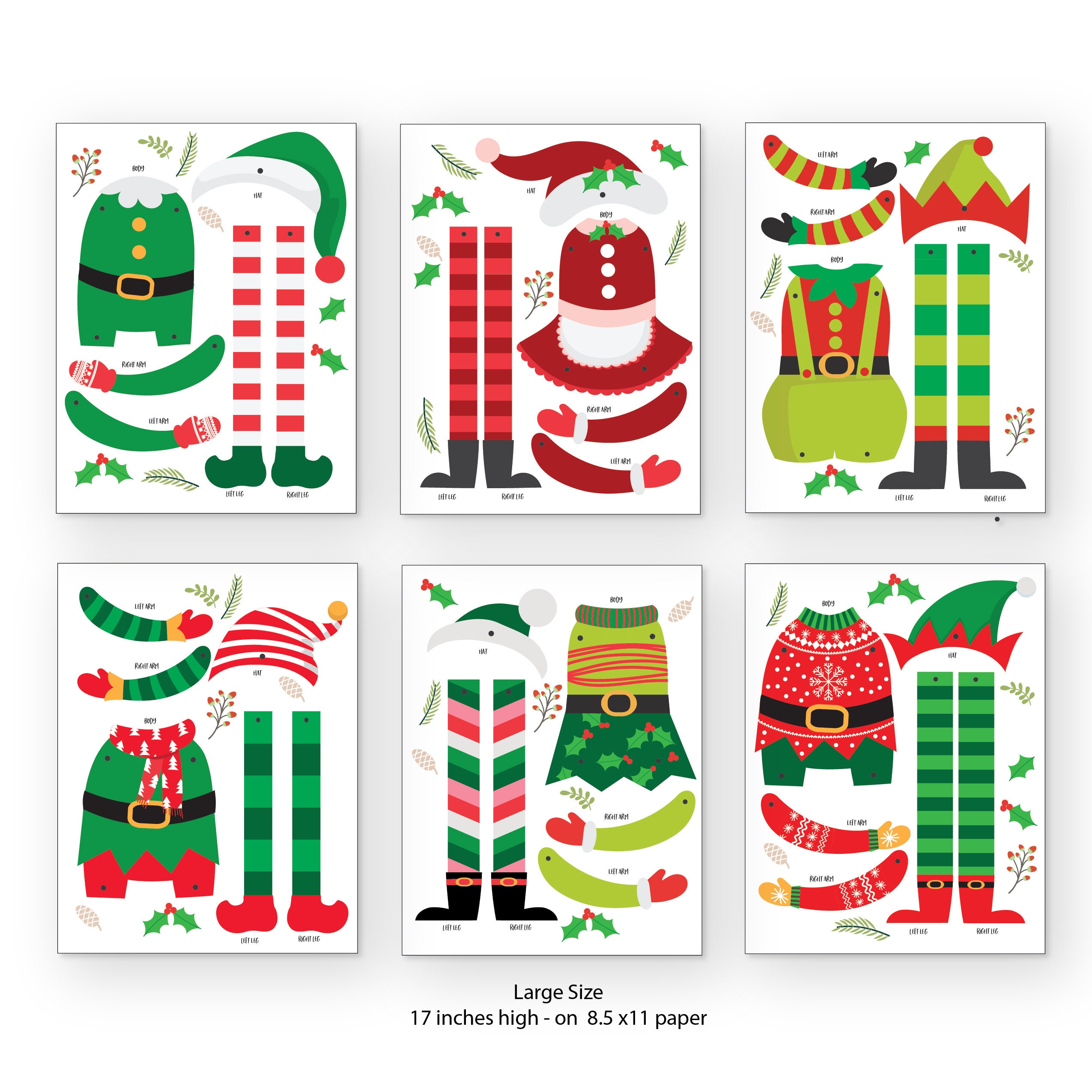 Christmas Elves 6 Articulated Paper Dolls Instant Download, Christmas