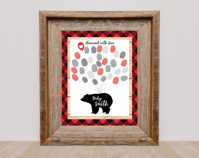 Bear Balloon Thumbprint Guestbook, Lumberjack Baby Shower, 1st Birthday, Plaid, Guestbook Wall Art, Fingerprint, Printable, Digital Files