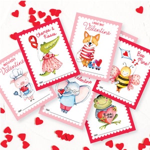Tarjetas lindas del día de San Valentín de animales, tarjeta de bricolaje imprimible, San Valentín en el aula para niños, tarjetas de animales de descarga instantánea