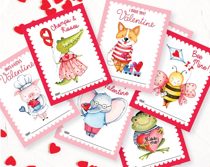 Cute Animal Valentines Day Cards,  printable DIY card, classroom Valentine for kids, Instant Download Animal Cards