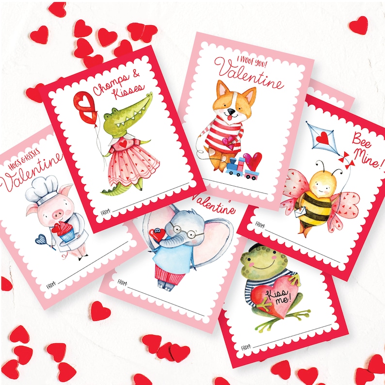 Cartes de Saint-Valentin animaux mignons, carte bricolage imprimable, Saint-Valentin en classe pour enfants, cartes animaux à téléchargement immédiat image 1