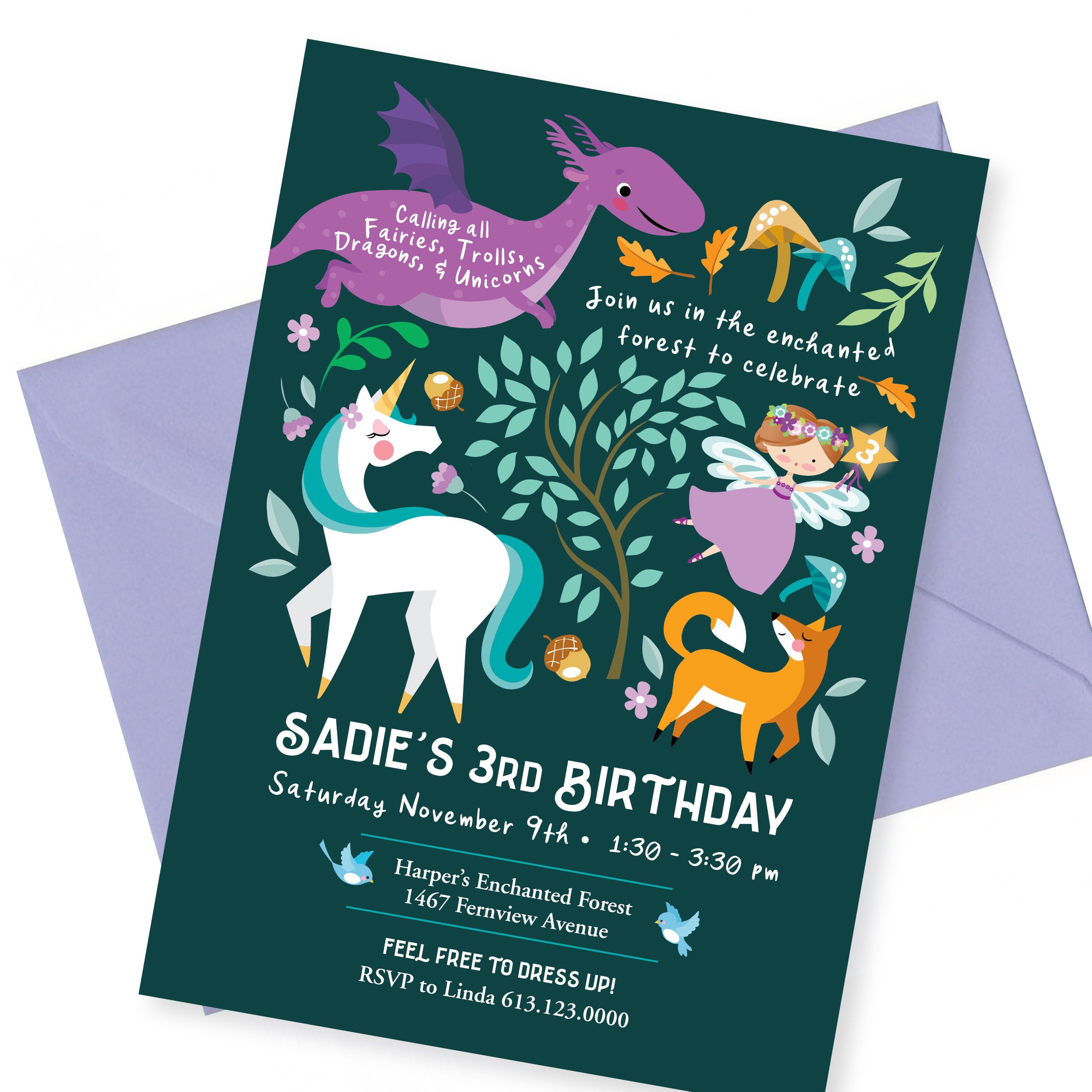 Invitation anniversaire Licorne forêt enchantée pour fille. Carton inv –  Omade