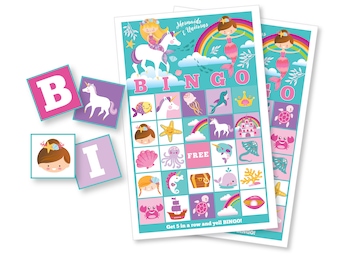 Mermaid Unicorn BINGO Game, 34 different bingo cards, Girl's Printable Party Game, Mermaid Birthday, Instant Download, Printable Files