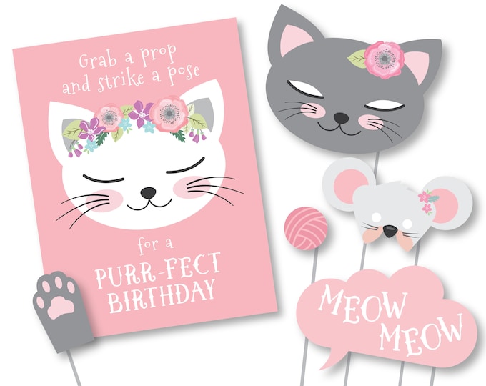 Cat Photo Booth Props - Cat - Kitten Birthday Props - Instant Download, printable files, Kitten Birthday Party