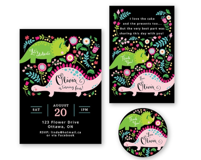 Girl's Dinosaur Invitation, Thank You & Favor Tags, Pink Dinosaur Party, Printable, Customized, DIY, Party Package, Cute Dinosaurs