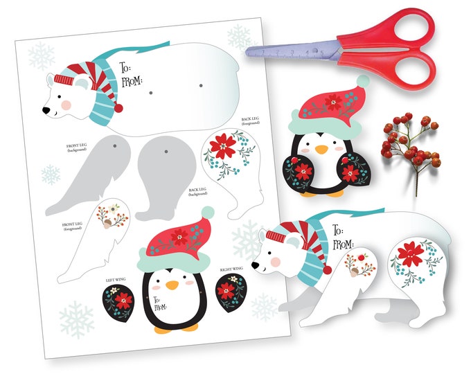 Polar Bear and Penguin Christmas Craft, Articulated Paper Bear and Penguin, Christmas Tags, Holiday Tags, Bear and Penguin, Instant Download