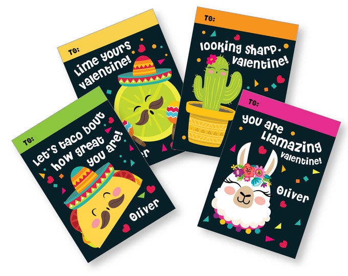Valentines Day Taco, Llama, Cactus, Cards, printable DIY Valentine classroom cards, custom text, Valentine's Fiesta Mexican Cards