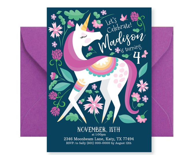 Unicorn Invitation, Girl's Unicorn Party, Floral Unicorn Invite, WE EDIT, You PRINT, Custom Text, Printable Digital File