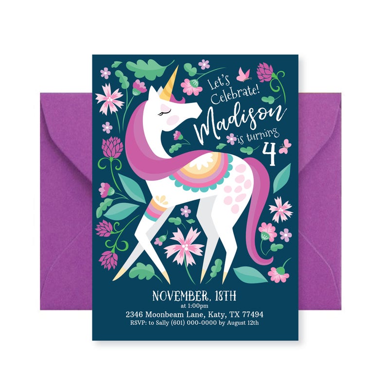 Unicorn Invitation, Girl's Unicorn Party, Floral Unicorn Invite, WE EDIT, You PRINT, Custom Text, Printable Digital File image 1