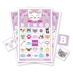 Jeu de bingo chat violet, 30 cartes de bingo différentes, jeu de bingo chaton imprimable bricolage, téléchargement immédiat
