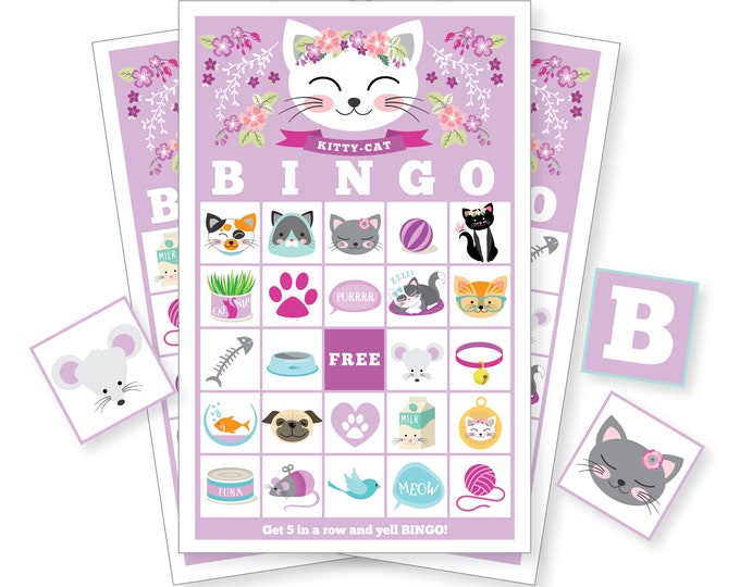 Purple Cat BINGO Game, 30 different bingo cards, DIY Printable Kitten Bingo Game, Instant Download