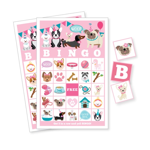 Dog, Pug, Puppy BINGO Game, 30 different bingo cards, Girl's Printable Bingo Game, Pink Puppy, Dog Bingo Party Game - Instant Download