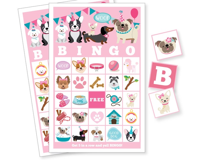 Dog, Pug, Puppy BINGO Game, 30 different bingo cards, Girl's Printable Bingo Game, Pink Puppy, Dog Bingo Party Game - Instant Download