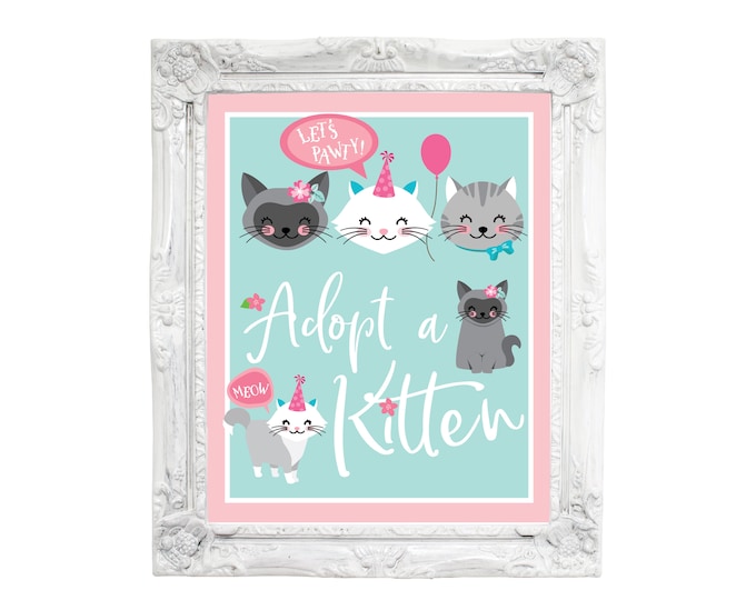 Adopt a Kitten / Certificate / Adoption Sign / Favor Tag / Pink Cat Birthday Party / Digital Adoption Kit