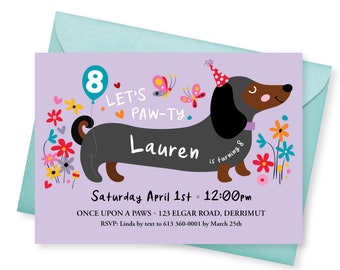 Invitación de cumpleaños de perro salchicha, invitación personalizada para fiesta de cachorros (archivo digital)