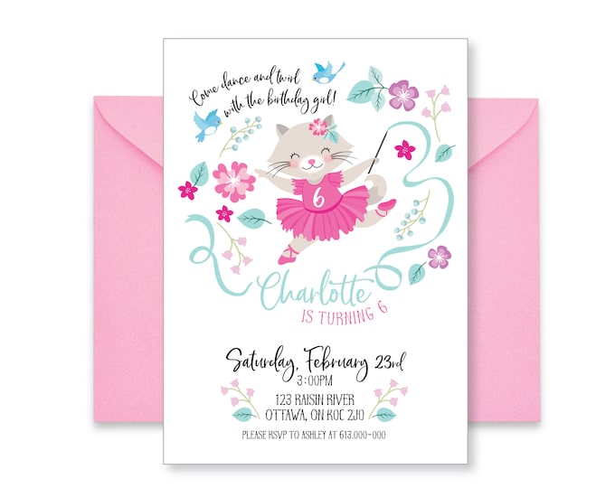 Cat Ballerina Birthday Party Invitation, Ballet Kitten, Floral Invite WE EDIT, You PRINT, Custom Text, Printable Digital File