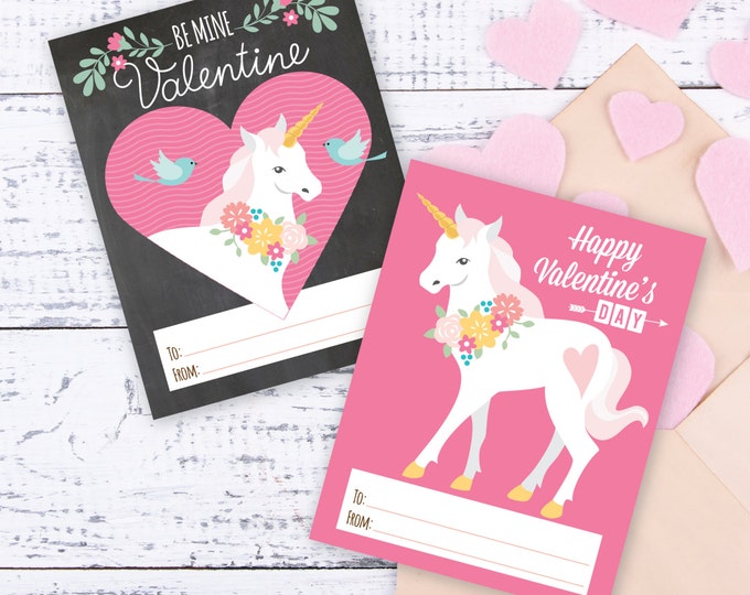 Unicorn Valentines Day Cards, printable DIY cards, classroom Valentine for kids, children, Valentine's Unicorn, Instant Download