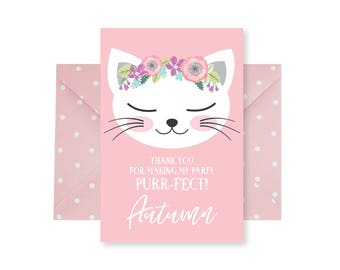 Cat Thank You Card, DIY Thank You Card, Pink Kitten Thank You, Girl's Kitty Birthday Party, Printable Digital Files