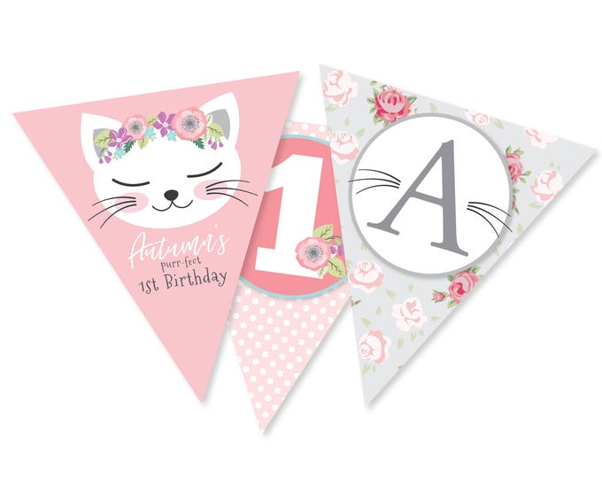 Kitten Birthday Bunting, Pink Cat Banner, Kitty Garland, Printable, Digital files, Customized, DIY bunting, Kitty, Cat, Kitten Birthday Girl